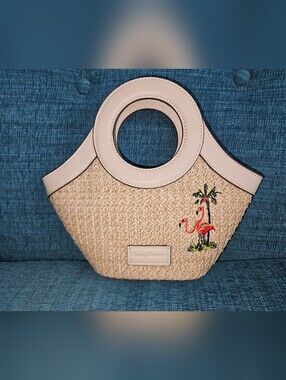 Tommy Bahama Beige Straw Crossbody Bag with Pink Flamingo Embroidery **sale